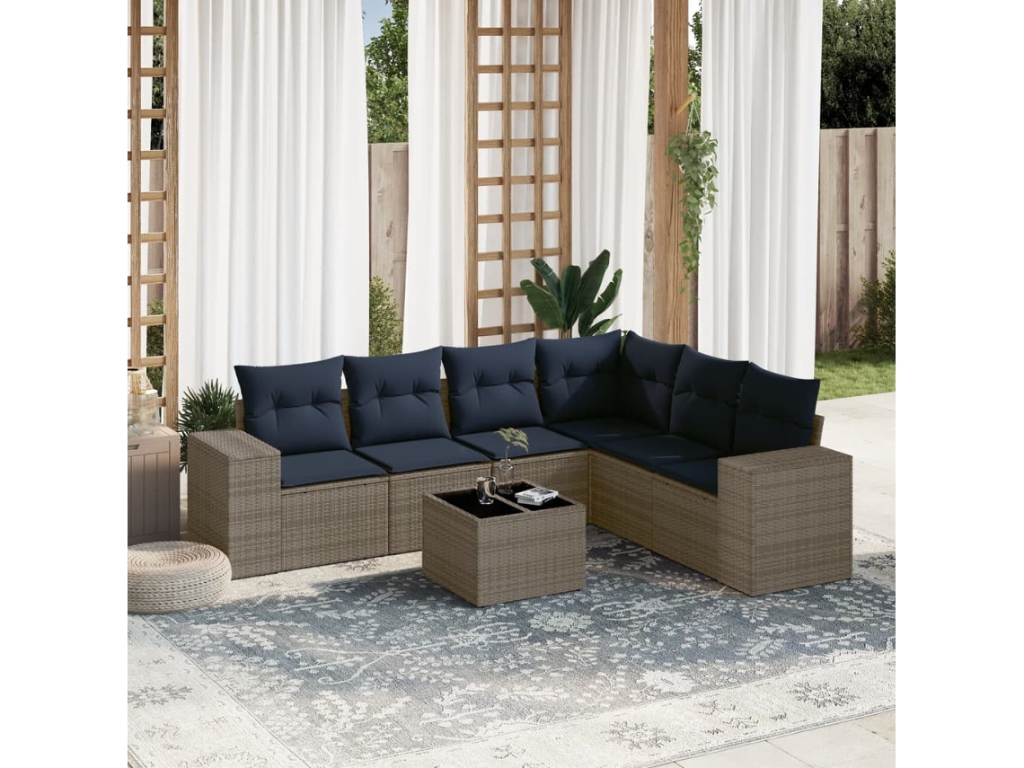 Vidaxl Conjunto De Sofá De Jardim Com 7 Peças E Almofadas Em Rattan Sintético Cinza