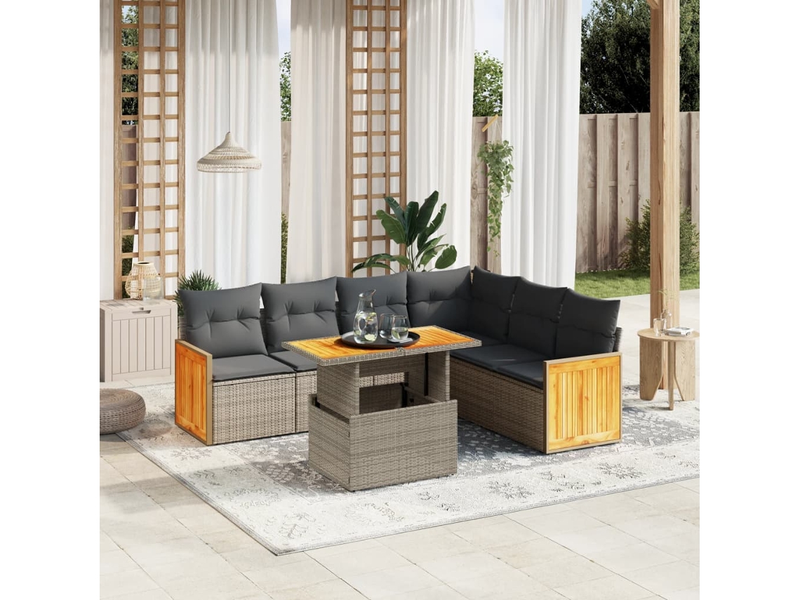 Vidaxl 7 Pcs Conjunto Sofás P/ Jardim C/ Almofadões Vime Pe Cinzento