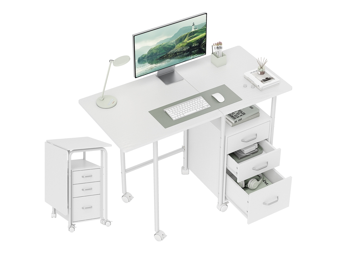 Mesa Computador Dobrável Rodízios 3 Gavetas Tampo Extensível Branca