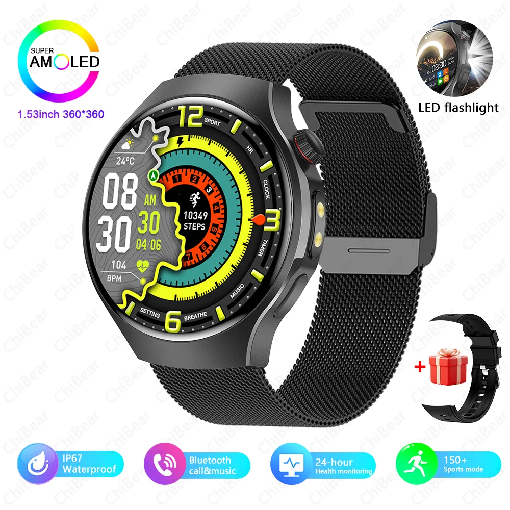 Smartwatch com Gps, À Prova D'água, Funções Esportivas e de Fitness, Lanterna e Chamadas Bluetooth. MDUG (pulseira de Malha Preta)