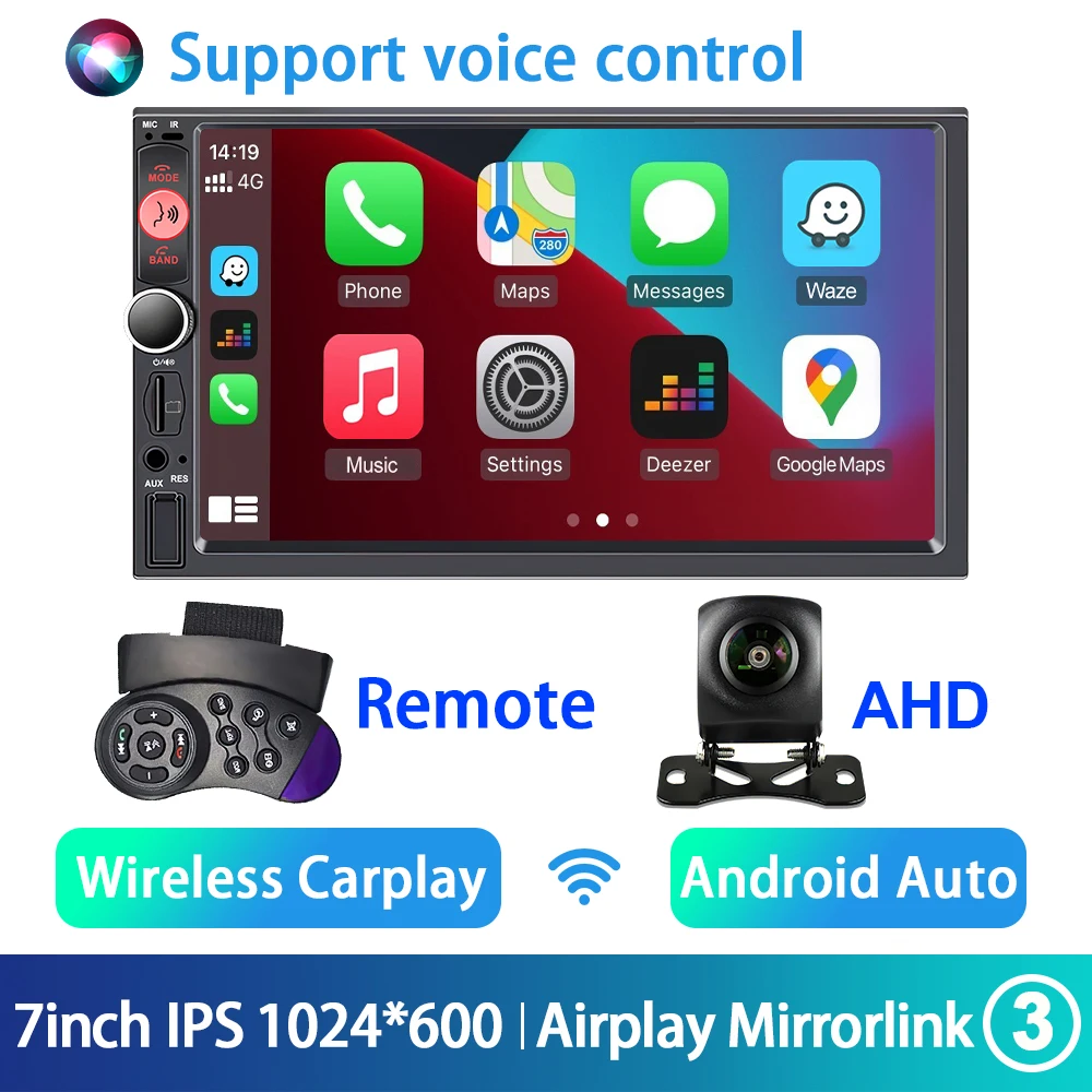 (câmera Ahd) Sistema Multimídia Automotivo 2din, Tela Ips De 7 Polegadas, Carplay Sem Fio, Bluetooth