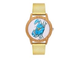 Relógio de pulso unissex com pulseira de malha, estampa de caranguejo, quartzo dourado, Zhoulianfa