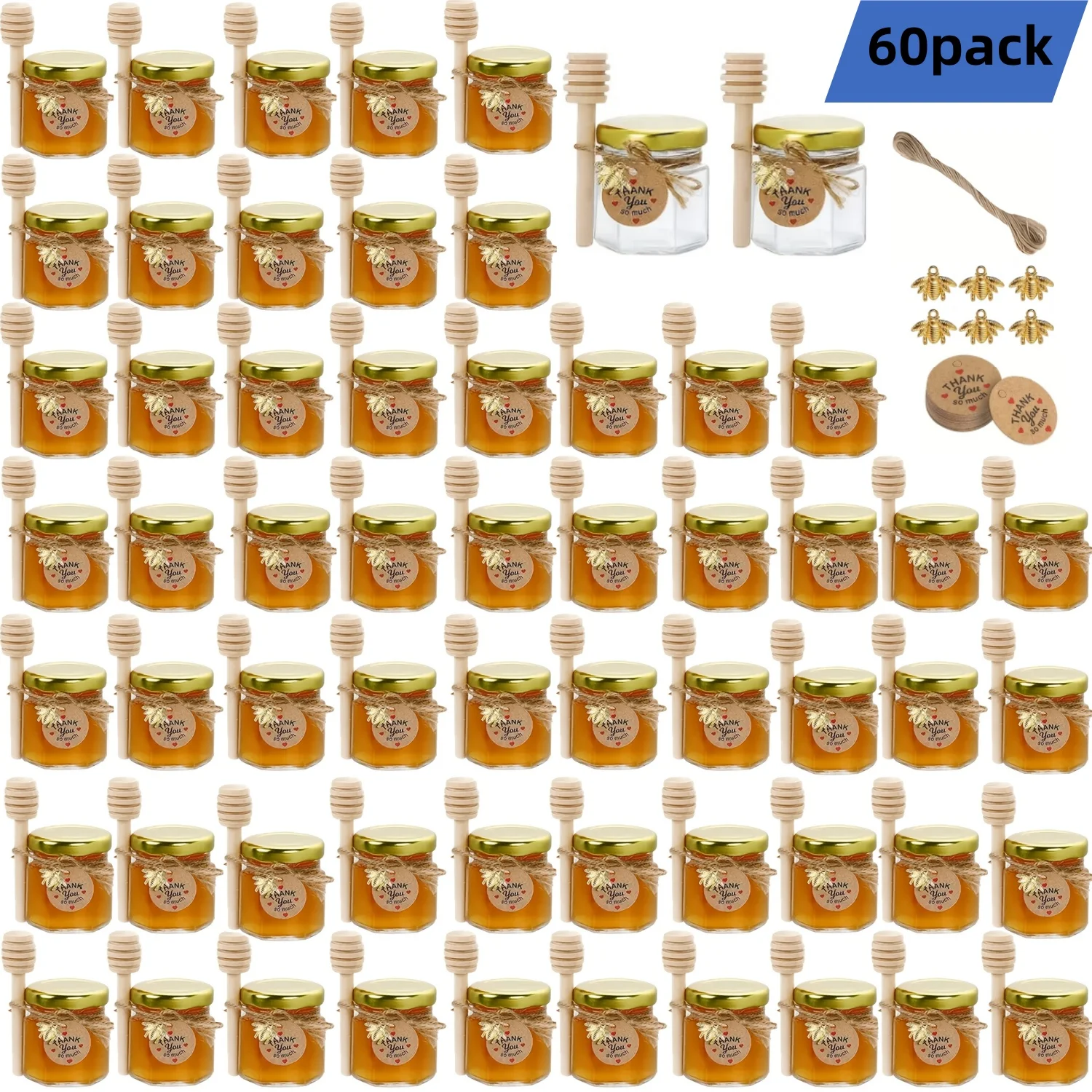 (45ml - 60 Frascos) Mini Potes De Mel Com Colheres, Hexagonais, De Vidro Para Cozinha, Herméticos.