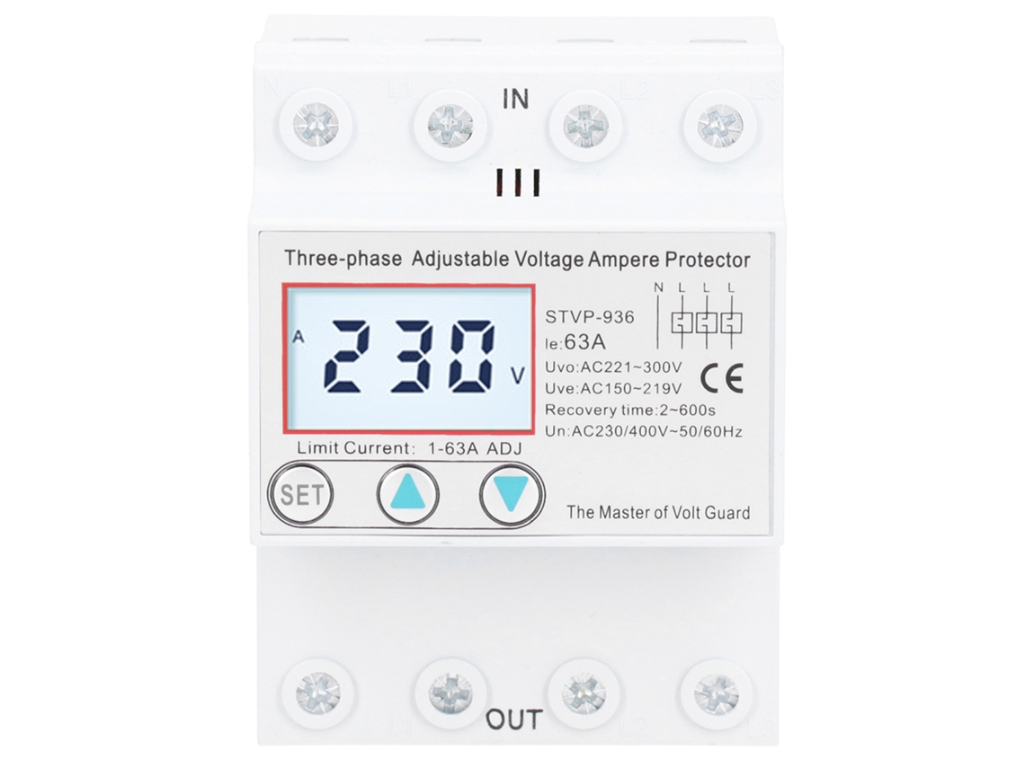 Protector de Voltagem Ajustável Trifásico, LCD, Auto Re-inicial, 63A, 230V/400V