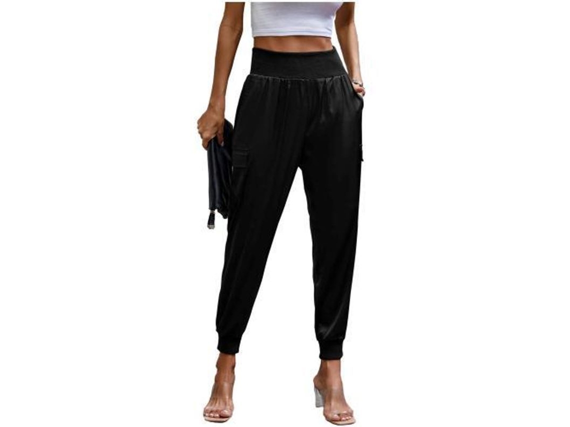 2026-pantalones Jogger De Satin Para Mujer Com Cintura Alta E Bolsos, Pantalones Casuales De Luxo S Negro