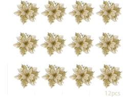 Rebe 12pcs Flores de Navidad Artificiales, Poinsettias Con Brillo, Adornos para Árbol de Navidad Dorados