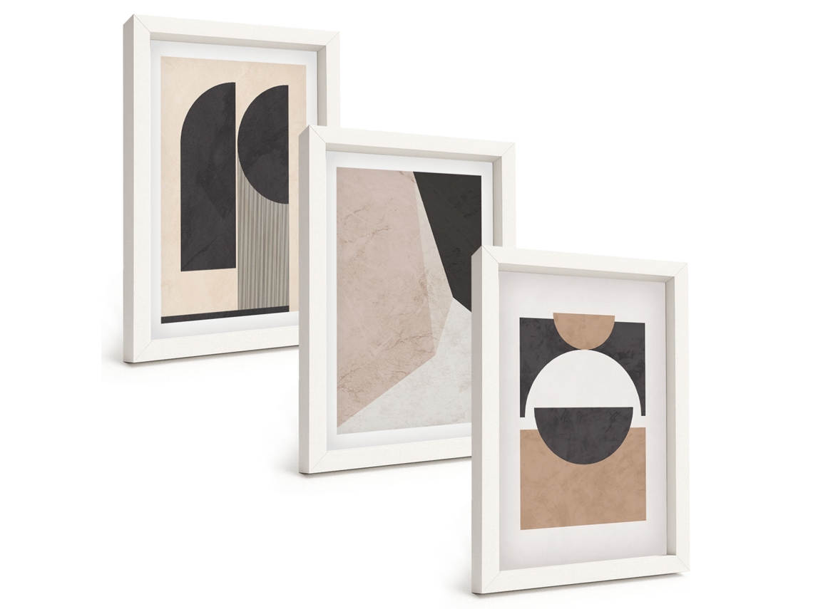 Galeria De Pinturas Na Parede Formas Abstratas Bege Marrom Moldura Branca Quadros Para O Escritório Espelharte (3 Peças 20x30 Cm)