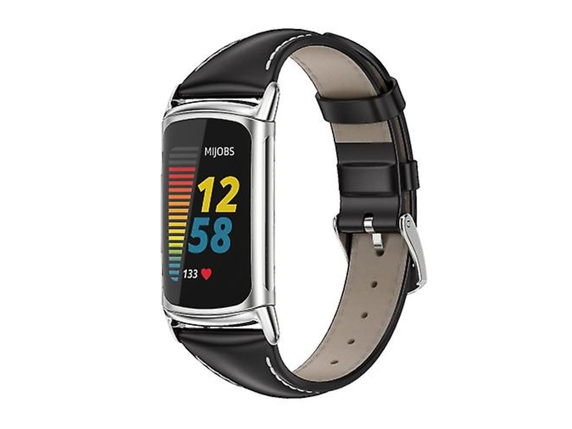 Bracelete de Smartwatch para Fitbit Charge5 Mijobs Couro Genuíno Slim Watch Band Preto-Prata VENISYMLIS