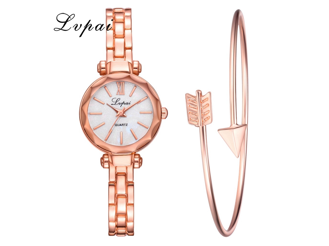 Relógio de Pulso Feminino Casual Lvpai Conjunto com Pulseira Quartzo Ouro Rosa Branco