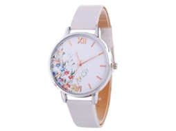 Relógio Feminino de Quartzo com Pulseira de Couro Pu e Dial Floral Branco Fashion