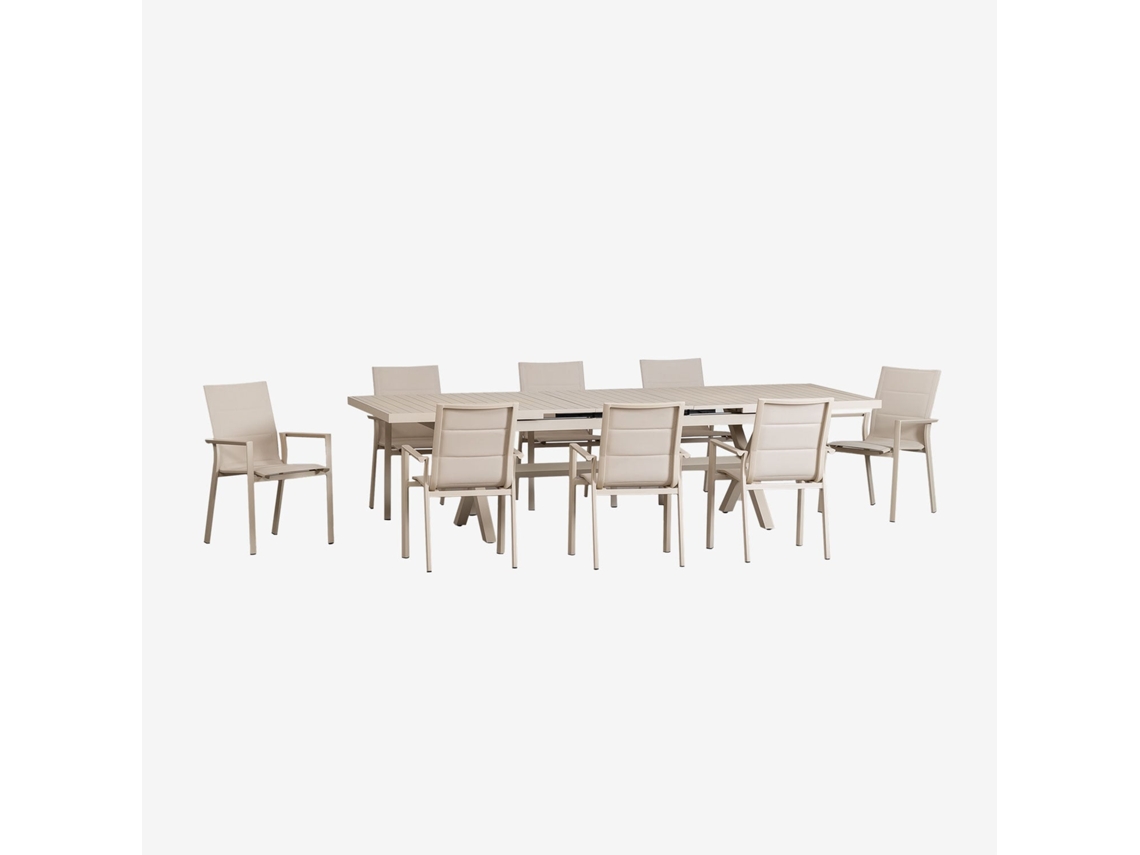 Conjunto de Mesa Retangular Extensível Karena 240 300x100 Cm E 8 Empilháveis Jardim Cadeiras Com Braços De Alumínio Tapioca Bege Sklum