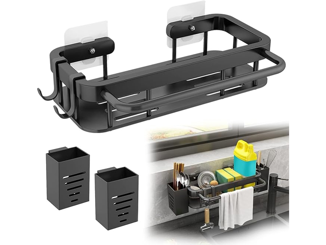 Organizador Parede Preto Inox Sem Furo C/ 2 Suportes P/ Palitos e 2 Ganchos ZYBLSSBB