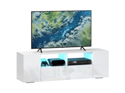 Rack De Tv Até 60 Polegadas Com Led, 2 Prateleiras E Armários, Painel Brilhante, 137x35x42 Cm, Cor Branca