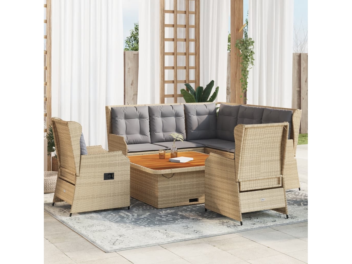 Vidaxl 6 Pcs Conjunto Lounge P/ Jardim Com Almofadões Vime Pe Bege