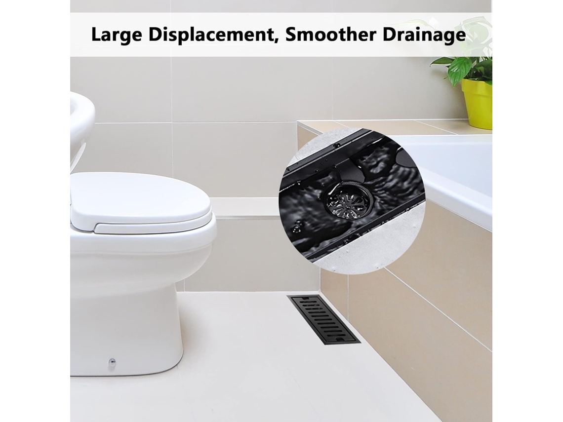 Ralo de Chão AQUAFORGE retangular em Aço Inoxidável Preto, 20x10cm, com Filtro Duplo para Chuveiro, Vaso e Banheira