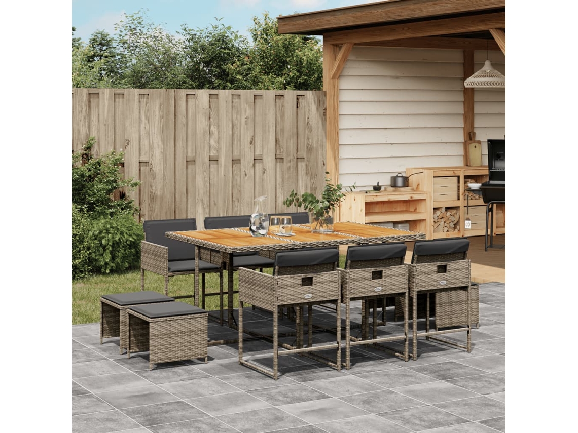 Conjunto 11 Peças Jantar P/ Jardim C/ Almofadões Vime Pe Cinza Dkd Home Decor