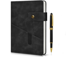 Caderno A5 Com Linhas, Capa Dura Em Couro Sintético, Com Caneta Inclusa. Ideal Para Estudantes E Uso No Escritório. Cor: Preto. Dimensões: 15 X 21 Cm