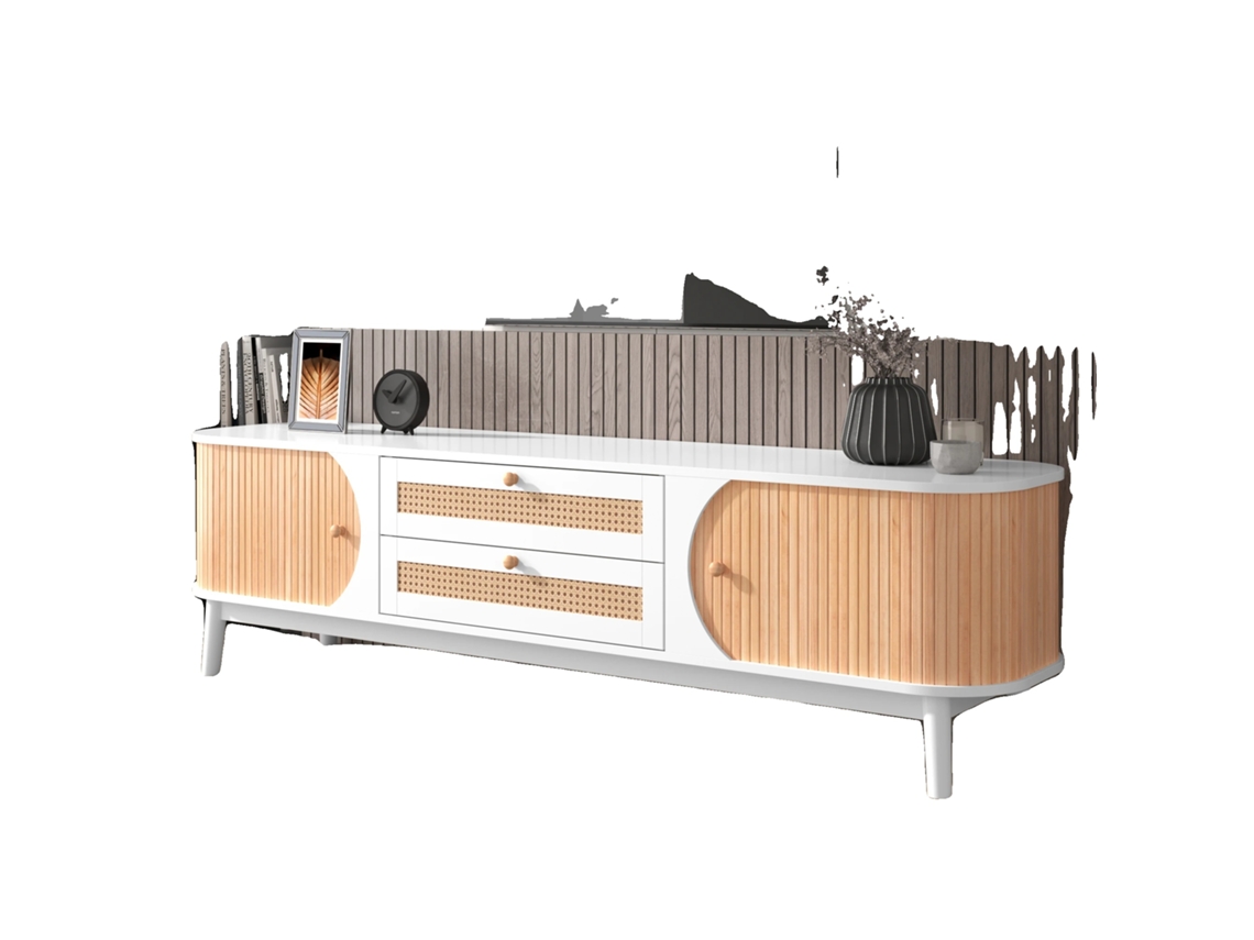 Armário De Tv, Madeira Sólida E Rattan, Estilo Country Moderno, Branco - Mdf - 50-59 Polegadas