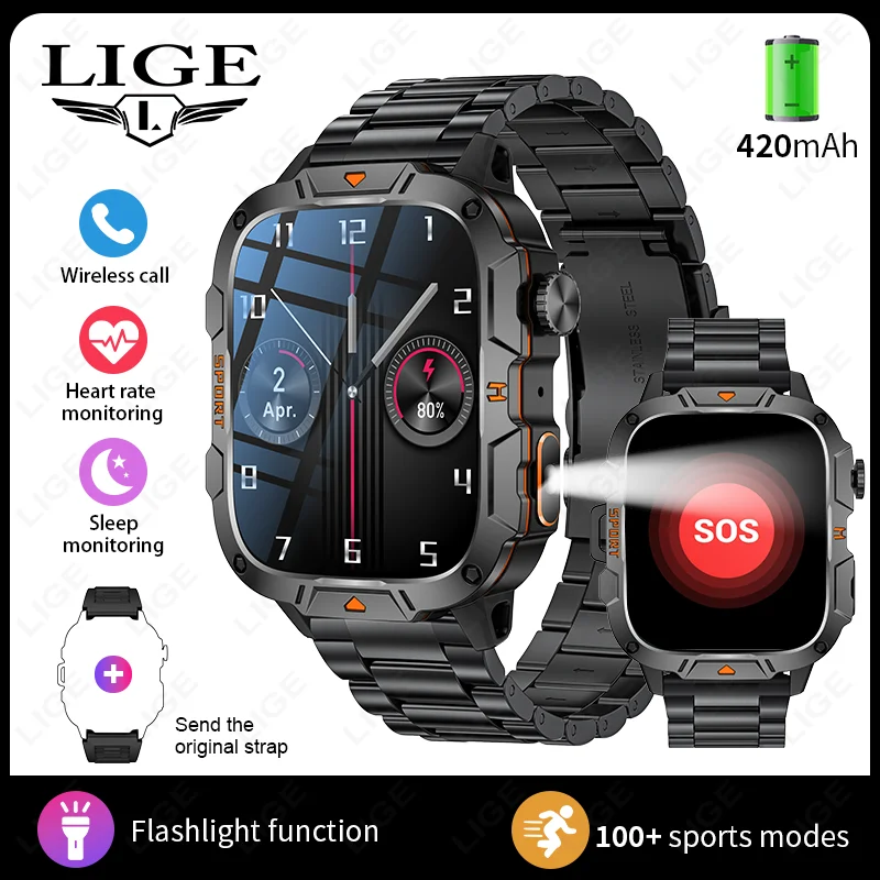 Smartwatch MDUG militar com tela de 1,96 polegadas, chamadas de voz Bluetooth, preto aço