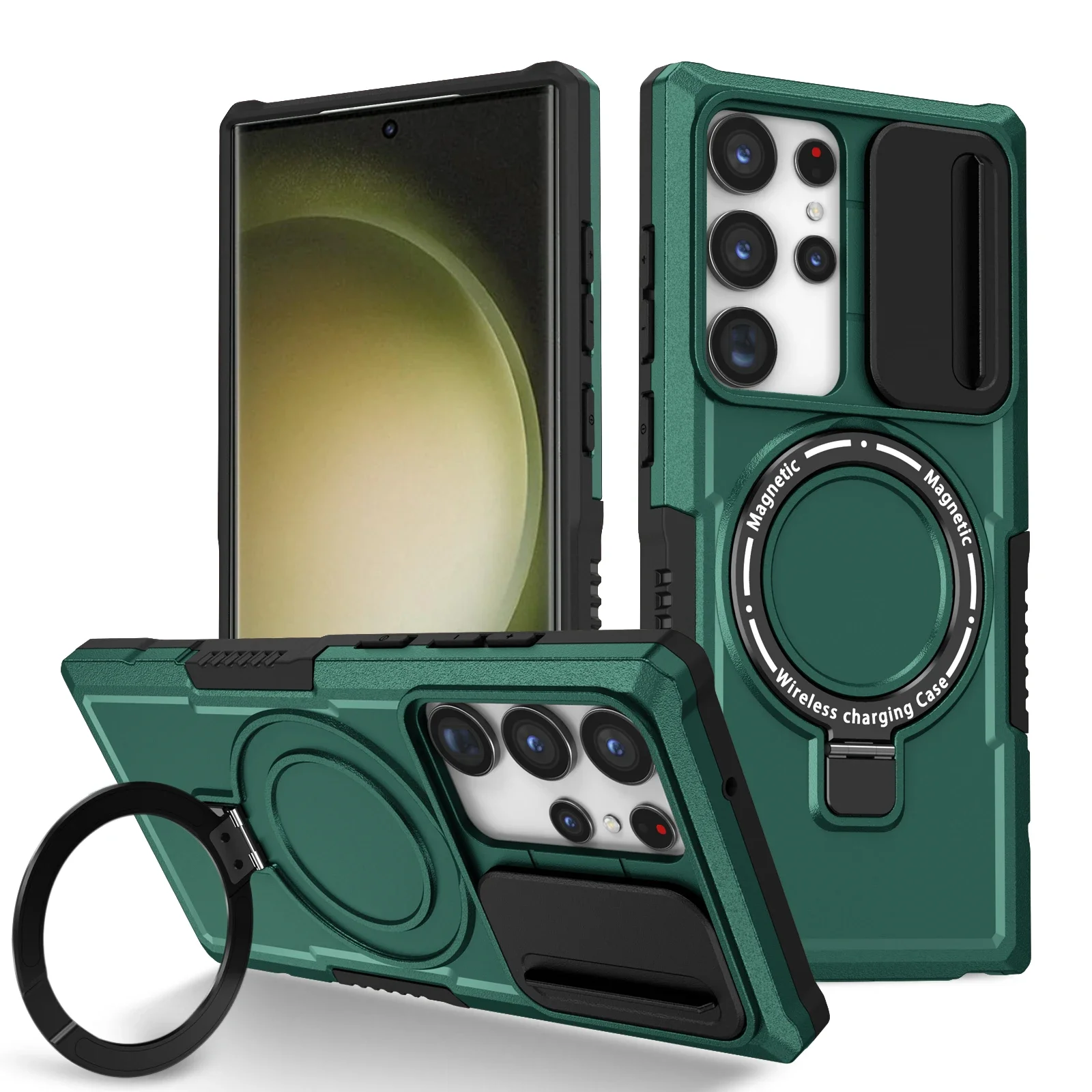 Capa Protetora Blindada (verde Escuro Para Galaxy S25 Plus) Com Suporte Para Carro E Carregamento Sem Fio Magnético.