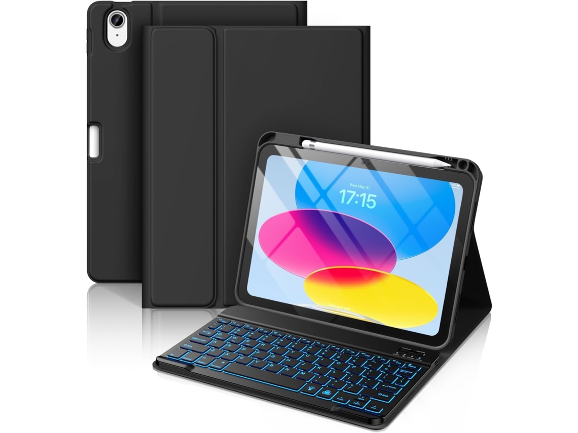 Capa Com Teclado Para Ipad Air 4/5/6/7 (10,9 Polegadas/11 Polegadas) Business Black Com Compartimento Para Caneta E Teclado Com Retroiluminação Preta
