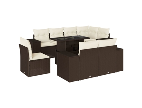 Conjunto 9 sofás p/ jardim c/ almofadões VIDAXL vime PE castanho