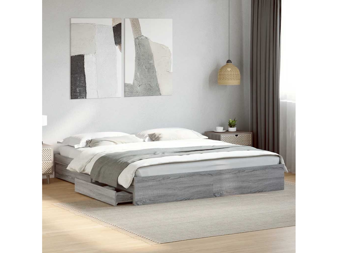 Vidaxl Estrutura De Cama C/ Gavetas Derivados Madeira Cinza Sonoma