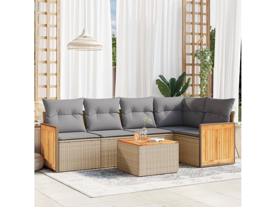 Vidaxl 6 Pcs Conjunto De Sofás P/ Jardim Com Almofadões Vime Pe Bege