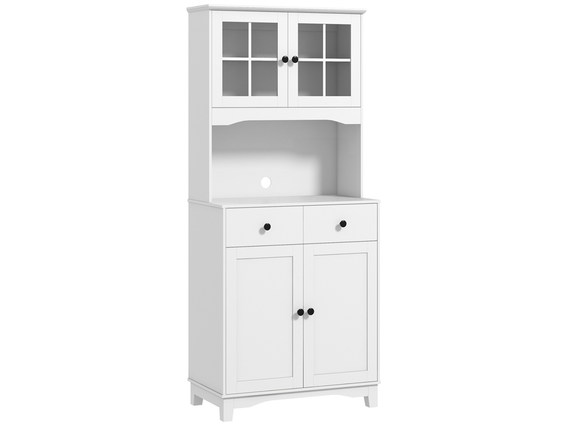Armário Com Micro-ondas, 2 Armários, 2 Gavetas, Vitrine Ajustável, Proteção Contra Tombamento, Buffet, Branco.