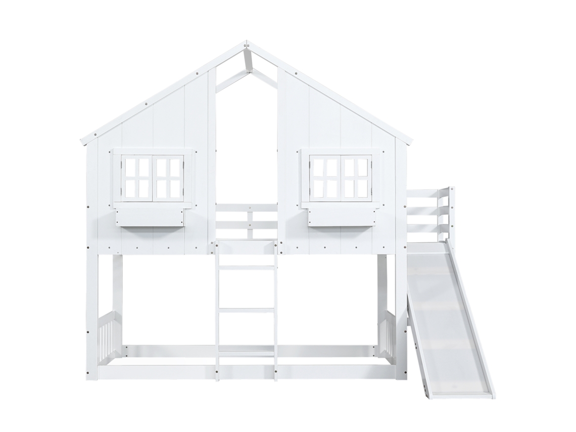 Beliche Infantil com Escorregador, Janela, Grade, Escada, Pinho e MDF Branco 90x200cm PAPRIKA
