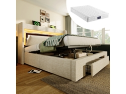 Cama 140x200cm Com Armazenamento Hidráulico, Led, Usb, Usb-c E Colchão Bege