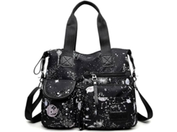 Bolsa Feminina AQUAFORGE, estilo tote, espaçosa, vários bolsos, zíper, nylon, preta com estampa de céu estrelado