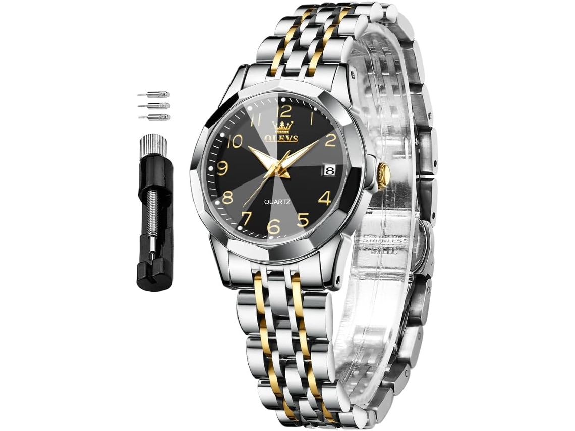 Lurelia Relógio Feminino, Movimento De Quartzo, Data/calendário, Luminoso, Detalhes Com Strass, Aço Inoxidável, Abs, Preto