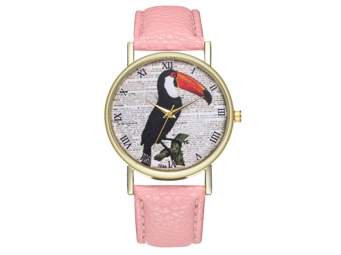 Reloj De Cuarzo Analógico Para Mujer Con Correa De Pu Pájaro Bonito Rosa