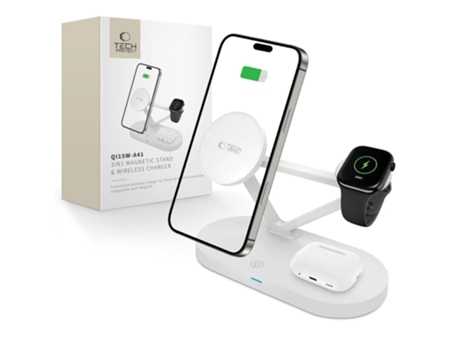 Carregador 3 Em 1 Tech-protect Para Iphone 12, 13 E 14 Magsafe Com Carregamento Rápido De 15 W