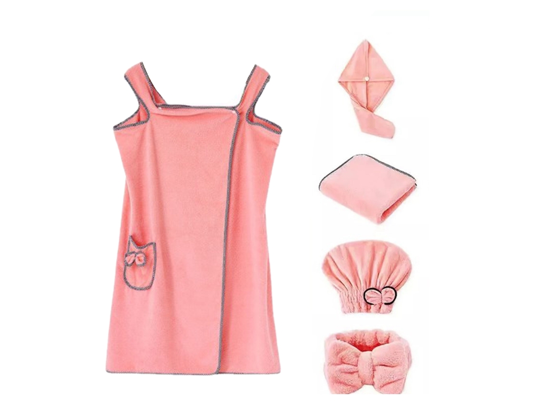 Conjunto 5 Peças Toalha de Banho Macia Coral Fleece Secagem Rápida Chapéu Princesa Rosa Cereja