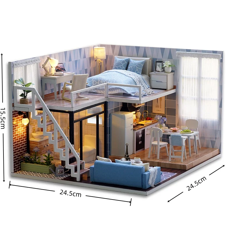 Faça Você Mesmo: Casinha Azul Clara em 3d Conjunto de Miniaturas de Casa em Madeira MDUG