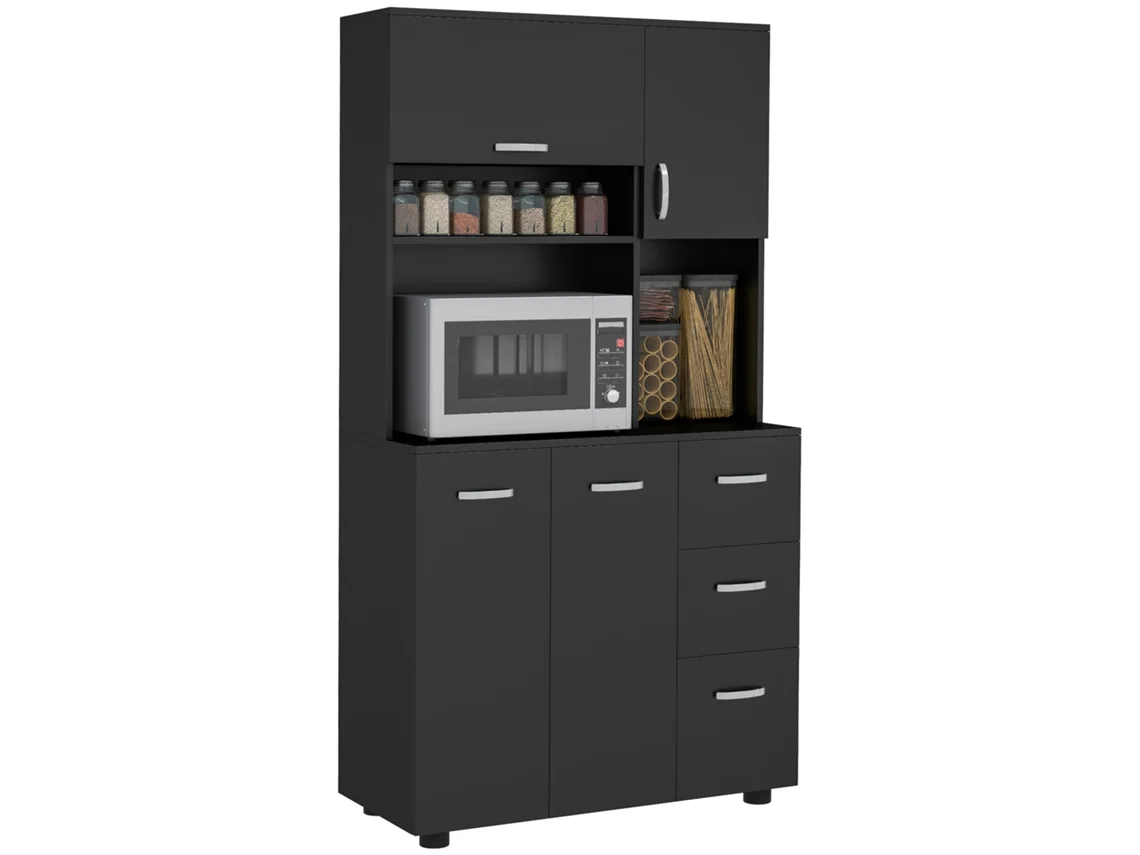 Armário De Cozinha Multi-armazenamento, 4 Portas, 3 Gavetas E Bandeja Ampla, 89x39,5x168cm, Preto