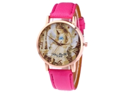 Reloj De Cuarzo Unisex Con Correa De Cuero Pu, Dial Ángelito, Color Rojo Rosa