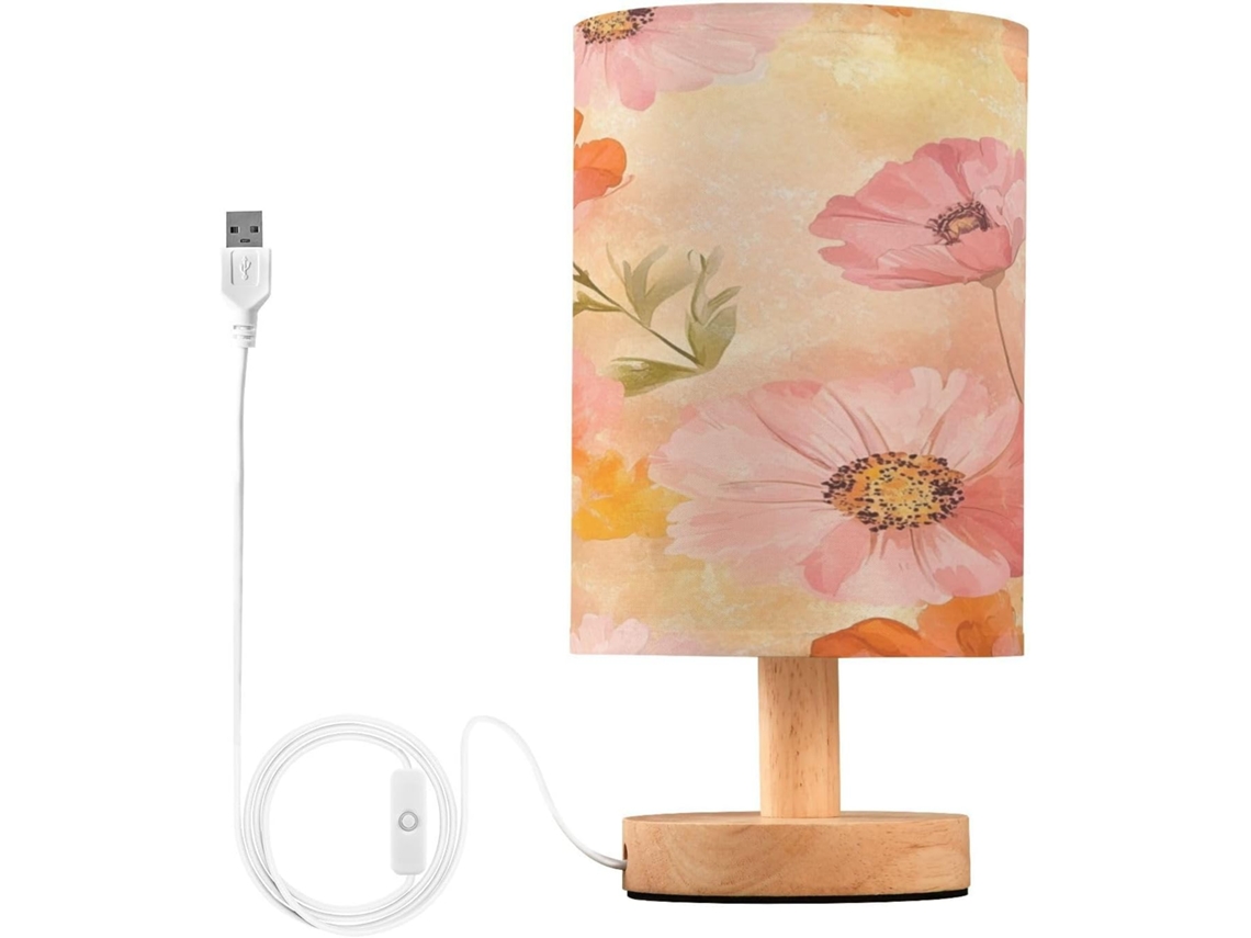 Abajur De Cabeceira Com Estampa Floral Em Aquarela, Luminária De Cabeceira Led, Luminária De Leitura Com Portas Usb E