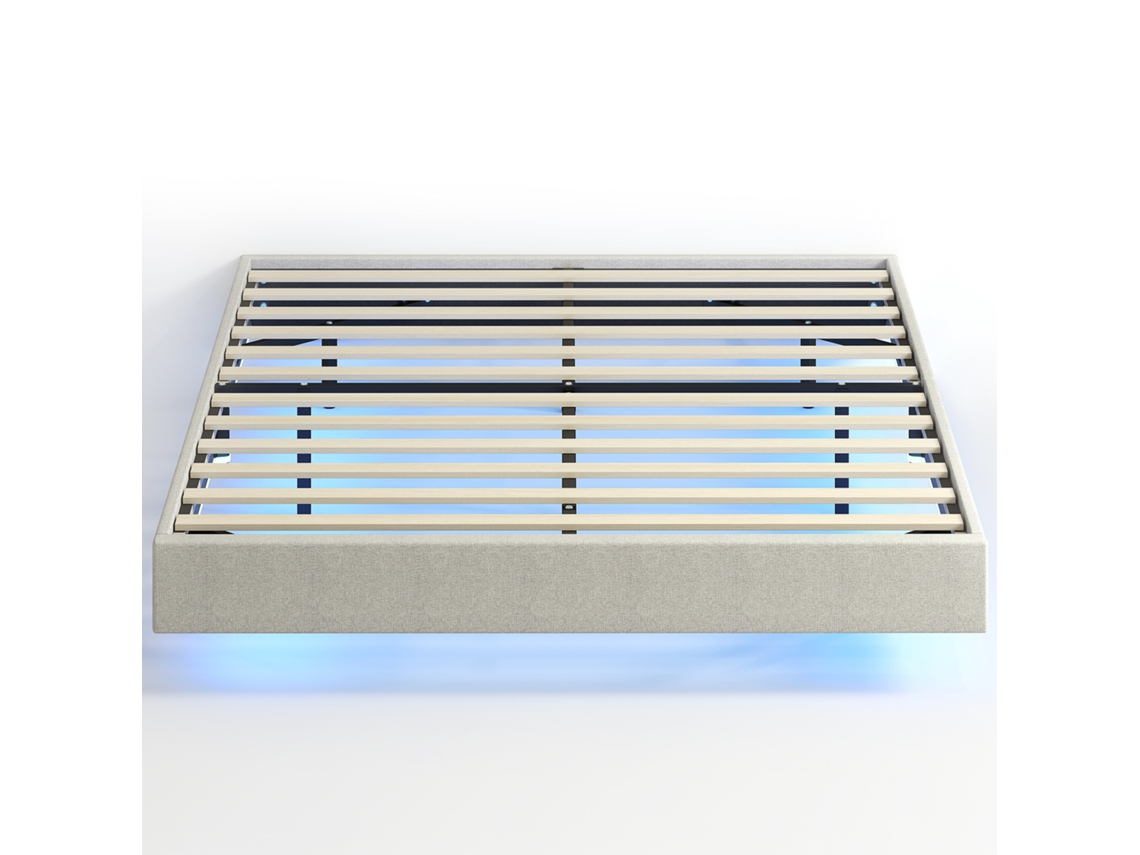 140 X Madeira 190 Cm Bege Estrutura Flutuante De Cama Com Iluminação Led Casal Estofada Em Linho Base Ripas