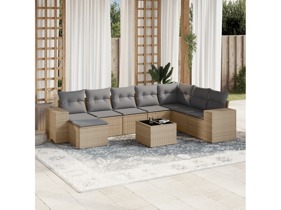 Vidaxl 9 Pcs Conjunto De Sofás P/ Jardim Com Almofadões Vime Pe Bege