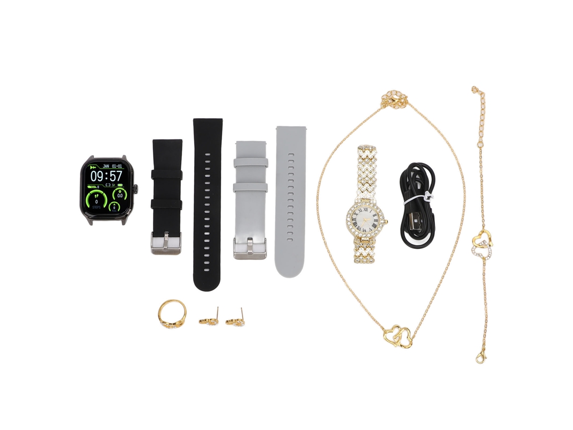 Conjunto Relógio Inteligente Mulher Tela 2.1 Polegadas Fitness Sleep Tracking Pulseira Colar Brincos Anel