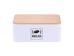 Relaxdays Caixa De Pão, Tampa De Bambu, Metal, A X L X P: 13,5 X 33 X 19 Cm, Caixa Retro Para Pão, Branco