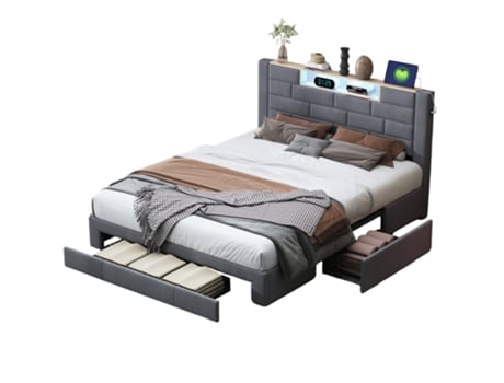 Cama Estofada De 140x200 Cm, Cama De Casal Com Led, 3 Gavetas, Cabeceira Com Espaço De Arrumação E Função De Carregamento Usb, Cama Funcional Mexus