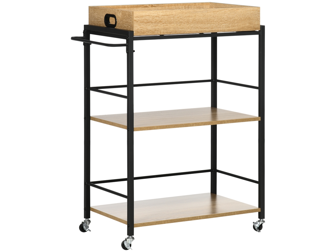 Carrinho de cozinha 3 prateleiras com bandeja removível, rodízios, estilo industrial, 72x40x94cm, preto e madeira BTFORUS