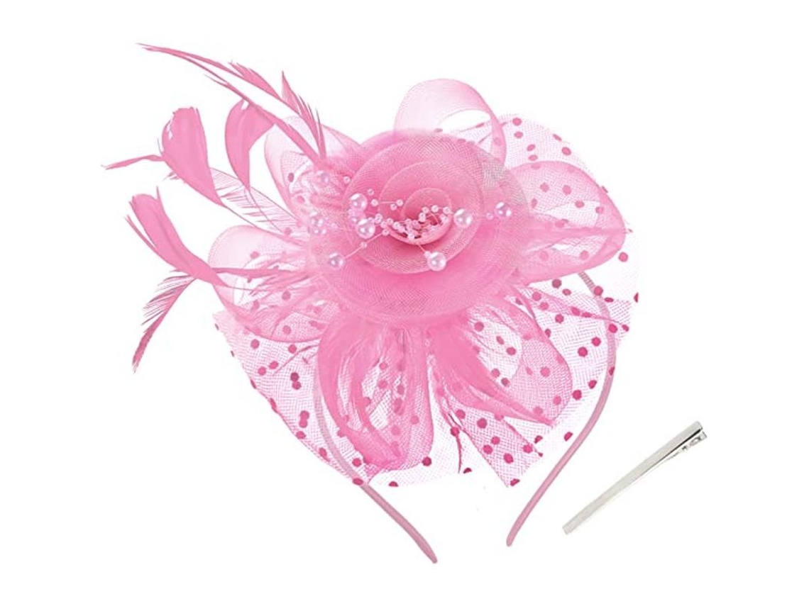 Chapéu de Festa com Penas e Pérola, Rosa | S/MARCA