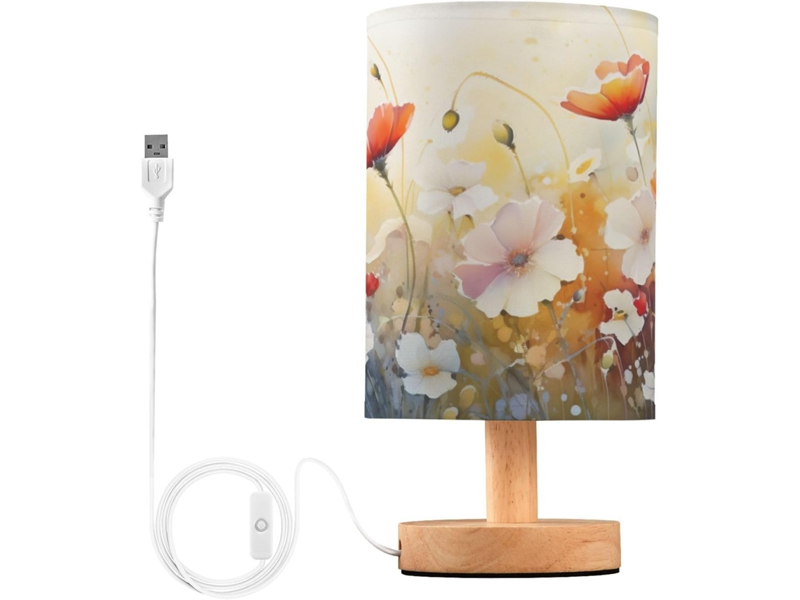 Luminária De Cabeceira Led Com Portas Usb Leitura Mesa Para Quarto Cúpula Tecido E Base Madeira Escritório Dormitório