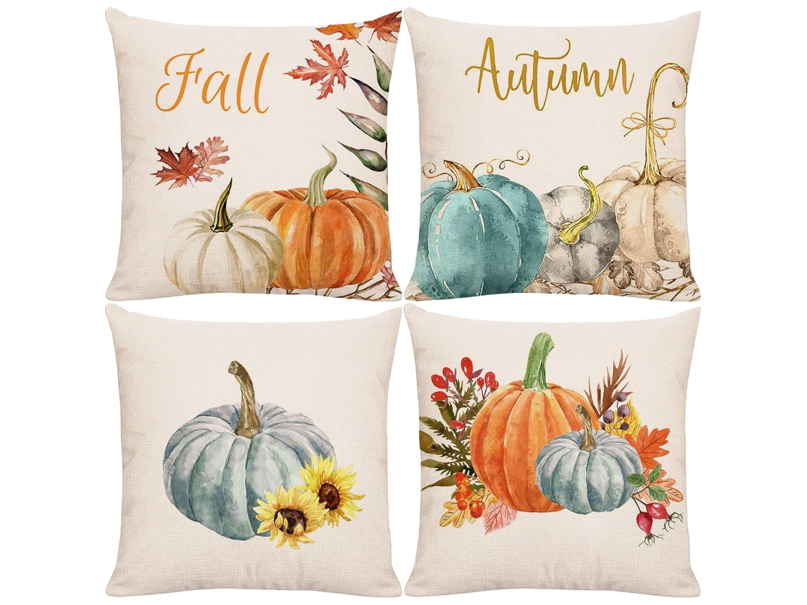 Conjunto de 4 Capas de Almofada Composições Aquareladas de Outono com Abóbora e Folhas NEVEANCE