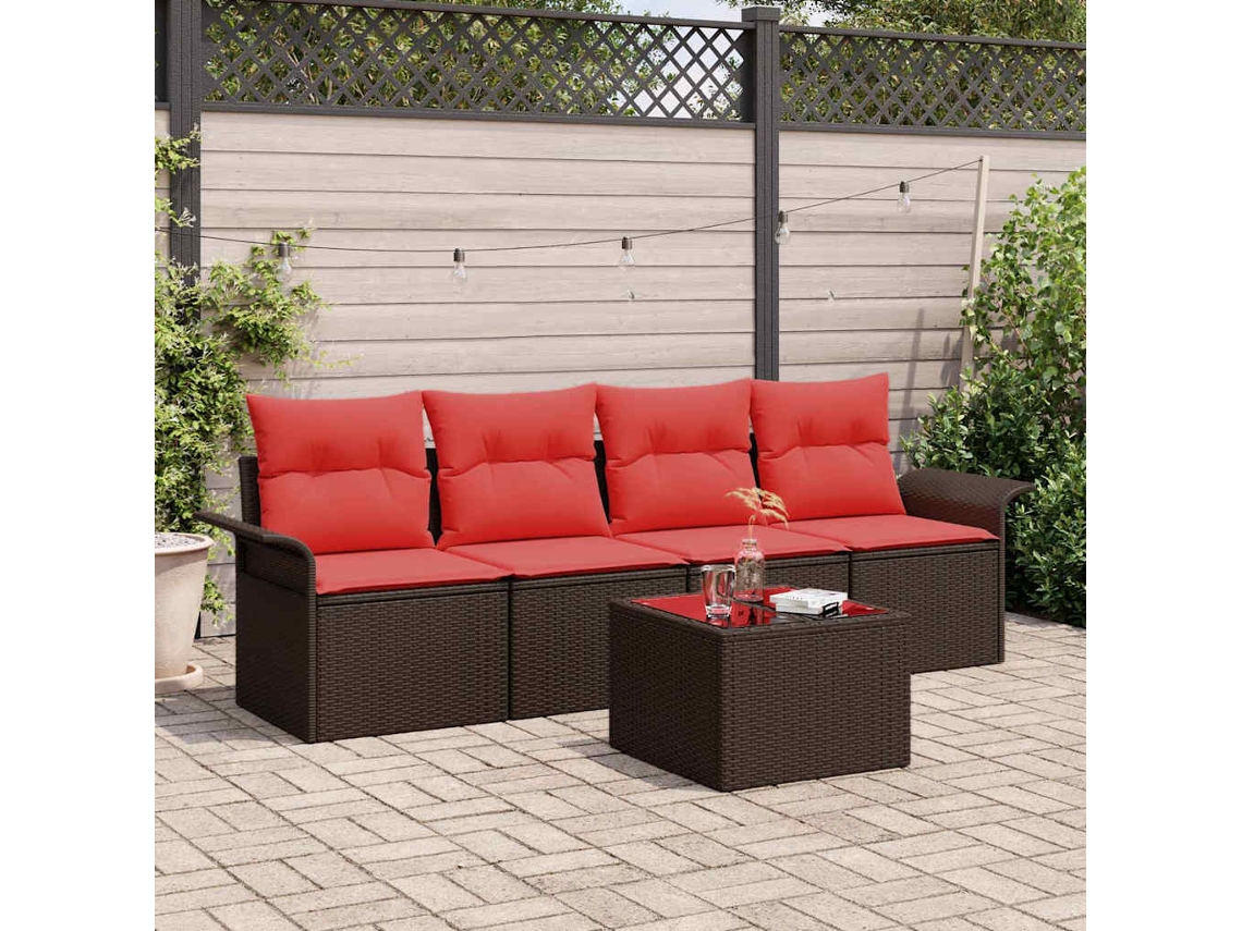Vidaxl Conjunto De Sofá De Jardim 5 Pcs Bege E Vermelho Vime Pe